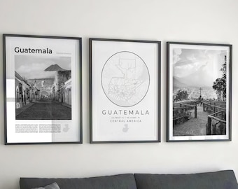 Guatemala Black and White Poster Set: Map & City Prints (Digital Download)