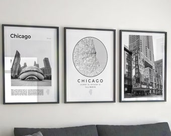 Chicago Black and White Print Set: Map & Cityscapes (Digital Download)