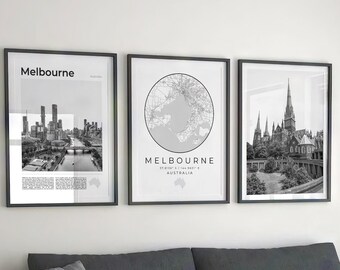 Melbourne Black and White Print Set: Map, Skyline, Architecture (Digital Download)
