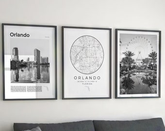 Orlando Florida Print Set: Black and White City Map, Landmarks (Digital Download)