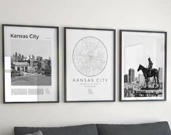 Kansas City Print Set Of 3, Black and White Kansas City MO Map, Missouri Kansas City Poster, Kansas City Wall Art Decor, Kansas City Gifts