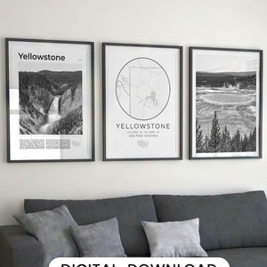 Set di 3 stampe della mappa di Yellowstone: poster di viaggio in bianco e nero (download digitale)