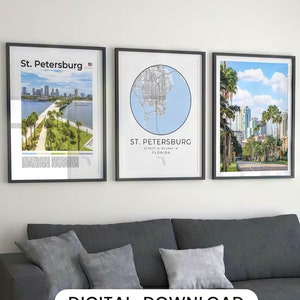 St. Petersburg Florida prints set van 3, St. Pete Fl Wall Art foto, St. Petersburg reisposter, St. Petersburg kaart decor, St. Petersburg geschenken