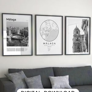 Digital Malaga Schwarz Weiß Print 3er Set, Malaga Wandkunst, Malaga Karte, Malaga Spanien Kunst, Spanien Druck, Málaga Poster, Andalusien, España
