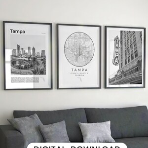 Tampa FL Prints Set Of 3, Black and White Tampa Map Decor, Tampa Wall Art, Tampa Florida Travel Poster, Tampa Art, Tampa Photos, Tampa Gifts