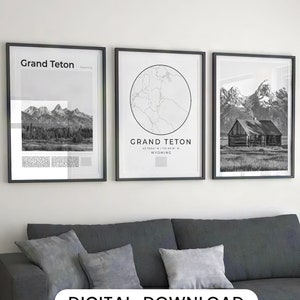 Lot de 3 impression numérique Grand Teton noir et blanc, art de la carte du parc national du Grand Teton, poster Grand Teton déco Wyoming art mural Grand Teton