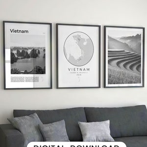 Digitales Vietnam Schwarz-Weiß-Poster 3er-Set, Vietnam Karte Dekor, Vietnam Geschenk Wandkunst, HaLong Bay Vietnamesisch Hanoi Vietnam Reiseplakat