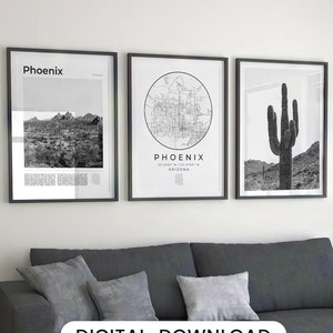 Impression numérique Phoenix noir et blanc lot de 3, carte d'art Phoenix, art mural Phoenix en Arizona, photo de la ville de Phoenix, photographie d'Art déco Phoenix