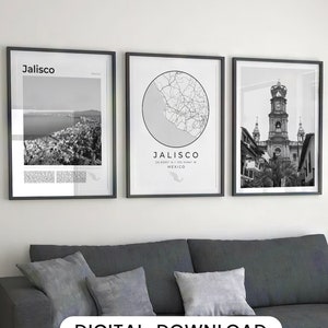 Conjunto de 3 impressões digitais em preto e branco de Jalisco, arte de mapa de Jalisco, pôster de Jalisco, decoração de parede de Guadalajara, Puerto Vallarta, México