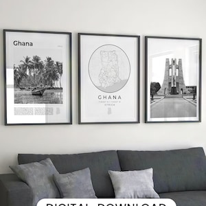 Digital Ghana Schwarz Weiß Print 3er Set, Ghana Karte, Ghana Poster, Ghana Wandkunst, Ghana Dekor Fotografie, Accra Fotogalerie, Afrika