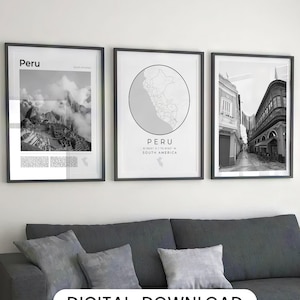 Digital Peru Schwarz Weiß Print 3er Set, Peru Karte Druck, Peru Poster Karte, Peru Kunstdruck, Peru Wandkunst, Peru Dekor, Peruanische Kunst Foto