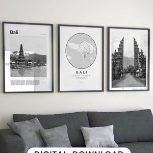 Svartvitt tryckset med Bali: Karta, Tempel, Port (digital nedladdning)