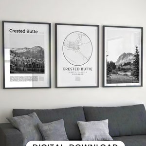 Digital Crested Butte Black and White Print Set of 3, Crested Butte Map Art, Crested Butte Poster, Crested Butte Photo Wall Art Colorado USA