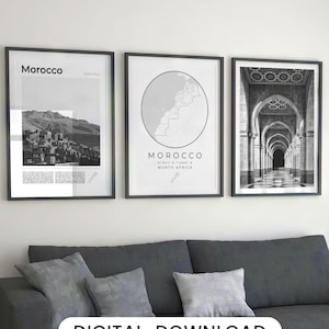 Lot de 3 impression numérique Maroc noir et blanc, affiche de carte du Maroc, art mural imprimable Maroc, cadeau Art déco Maroc, photo de voyage Maroc