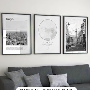 Digitaler Tokio Schwarzweißdruck 3er Set, Tokio Karte, Tokio Poster, Tokio Wandkunst, Tokio Kunstdruck, Tokio Foto Tokio Straße Japan Dekor