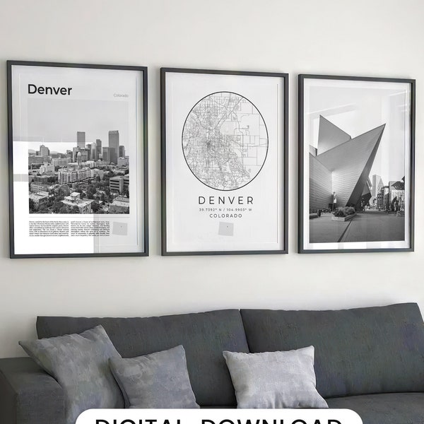 Digital Denver Black and White Print Set Of 3, Denver Map Photo, Denver Wall Art, Denver Poster Decor, Colorado Art Print, Denver Travel