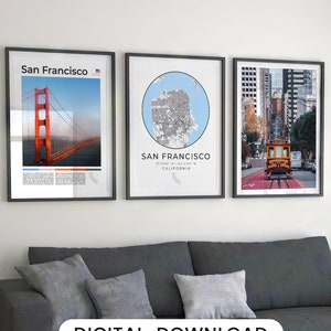 Digitale San Francisco Print Art 3er-Set, San Francisco Karte Druck, San Francisco Poster, San Francisco Wandkunst, San Francisco Foto-Dekor