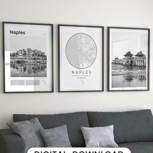 Digitale Napels zwart-wit print set van 3, kaart Napels, Napels Florida reisposter cadeaus, cadeaus aan de muur, Napels kunst aan de muur, Fl Naples Pier fotodecor