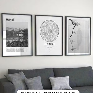 Digital Hanoi Schwarz Weiß Print Set 3 Wand Kunst, Hanoi Karte, Hanoi Vietnam Poster, Vietnam Wand Kunst Dekor, Hà Nội Viet Nam, Asien Reise