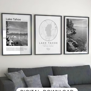 Conjunto de impresión digital en blanco y negro de Lake Tahoe de 3, arte del mapa de Lake Tahoe, cartel de Lake Tahoe, decoración de arte de pared de California, galería de fotos de Nevada EE.UU.