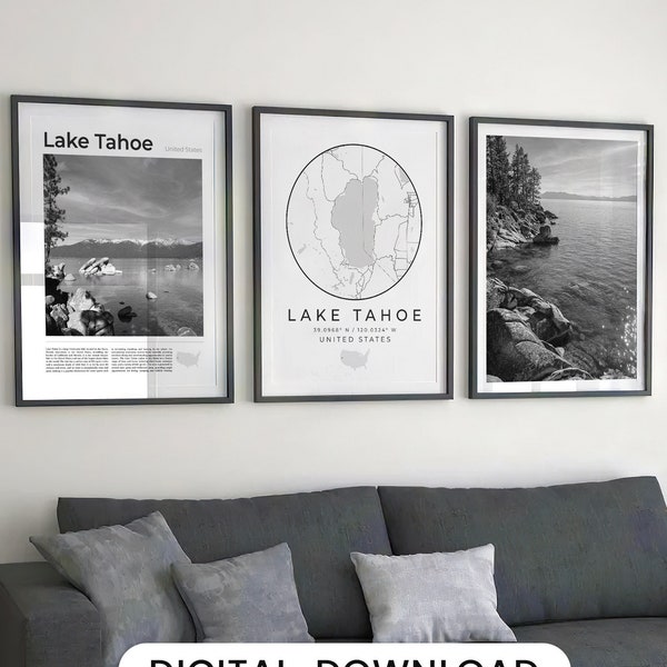 Digital Lake Tahoe Black and White Print Set Of 3, Lake Tahoe Map Art, Lake Tahoe Poster, California Wall Art Decor Nevada USA Photo Gallery