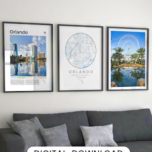 Digitale Orlando Florida print set van 3, Orlando kaart print, Orlando poster, Orlando kunst aan de muur, Orlando Art Print decor, FL Orlando City foto