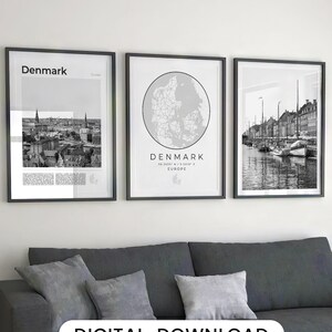 Kaartkunstdrukset Denemarken: zwart-wit reisdecor (digitale download)