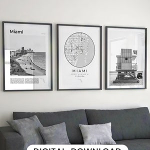 Digitale Miami zwart-wit print set van 3, Miami kaart, Miami Wall Art, Miami poster set, Miami Decor, Miami Photo, Florida Art Miami Beach