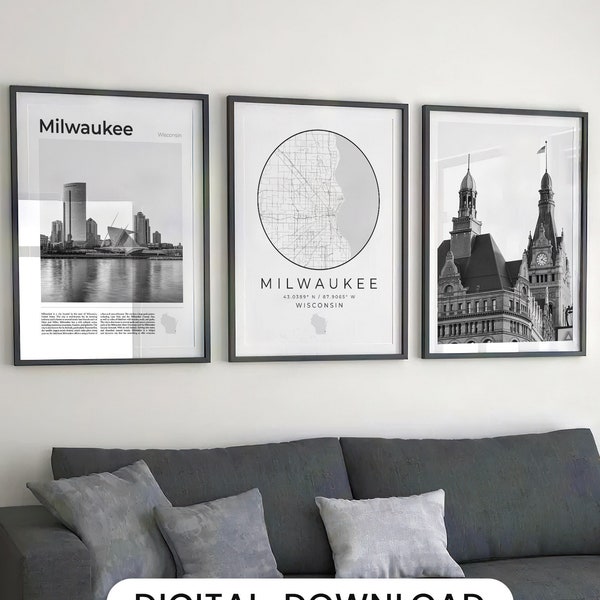 Digital Milwaukee Black and White Print Set Of 3, Milwaukee Map Wall Art Milwaukee Poster Milwaukee Photo Gallery Wisconsin City Skyline USA