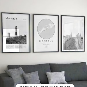 Digitaler Montauk schwarzweißer Druck 3er Set, Montauk Karte, Montauk Poster, Montauk Wanddekor, NY Montauk Light House New York Fotografie