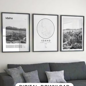 Digital Idaho Black and White Print Set Of 3, Idaho Map, Idaho Wall Art Photography, Idaho Poster Decor, Idaho Photo, Boise Art, USA State