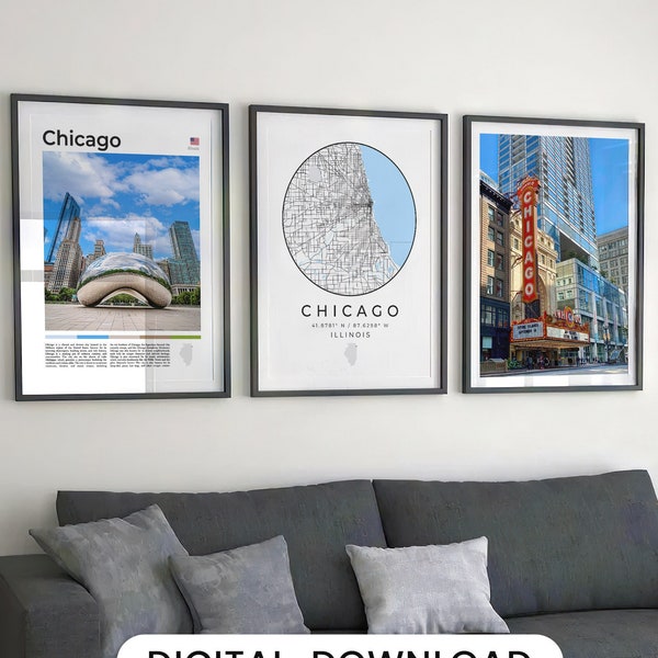 Digital Chicago Print Set Of 3, Chicago Map Art, Chicago Poster Print, Chicago Wall Art, Chicago Decor, Chicago Art Print, Chicago Photos