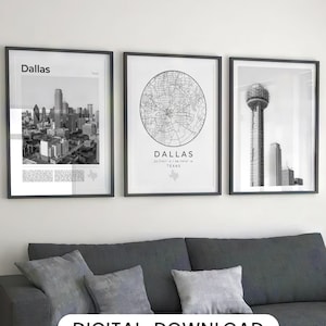 Digital Dallas Texas Black and White Print Set Of 3, Dallas Texas Map Art, Dallas Wall Art, Dallas Poster, Dallas Photo, Dallas City Skyline