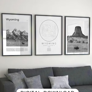 Lot de 3 impression numérique Wyoming noir et blanc, carte du Wyoming, affiche du Wyoming, art mural Wyoming, décoration Wyoming, art Wyoming, photo Wyoming États-Unis