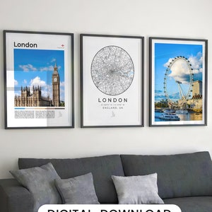Juego de 3 impresiones digitales de Londres, mapa de Londres imprimible, póster de Londres, arte mural de Londres, decoración fotográfica de Londres, arte de la ciudad de Londres, arte de Inglaterra, Reino Unido