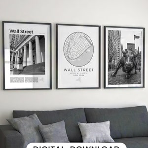 Digitale Wall Street Wandkunst 3er-Set, Wall Street Schwarzweißdrucke, Wall Street Kunstkarte, Wall Street Poster, Manhattan Dekor New York
