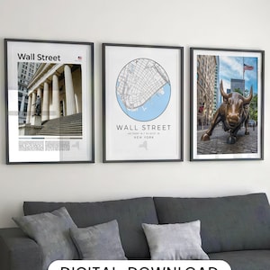 Juego de 3 impresiones digitales de Wall Street, impresiones de Wall Street, mapa de Wall Street, póster de Wall Street, decoración de Wall Street, Manhattan, Nueva York