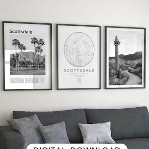 Digital Scottsdale schwarz weiß Print 3er Set, Scottsdale Karte, Scottsdale Arizona Poster Foto Scottsdale Wand Kunst Dekor USA Fotografie