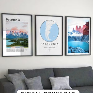 Digital Patagonia Print Set Of 3, Patagonia Map, Patagonia Poster, Patagonia Wall Art, Argentine Photo, Torres Del Paine Decor, Chili Travel