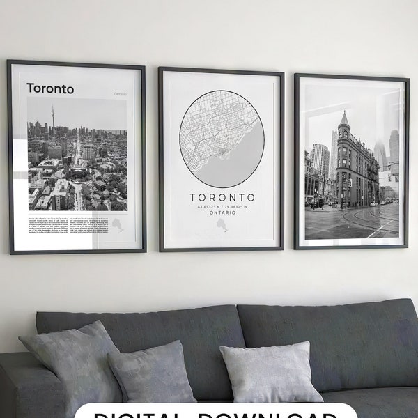 Digital Toronto Black and White Print Set Of 3, Toronto Map, Toronto Decor, Toronto Poster, Toronto Wall Art, Toronto Art Print Canada Photo