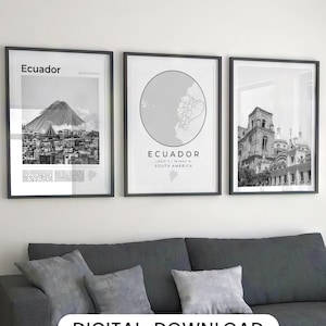 Digital Ecuador Black and White Print Set Of 3, Ecuador Map, Ecuador Poster, Ecuador Wall Art Decor, Guayaquil, Quito Photo, South America