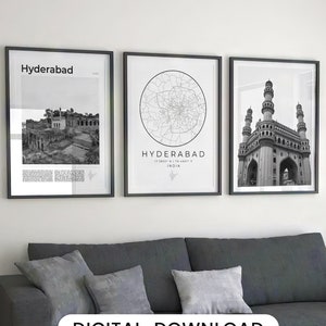 Conjunto de 3 impressões digitais em preto e branco de Hyderabad, mapa de Hyderabad, arte de Hyderabad, pôster de Hyderabad, arte de parede de Hyderabad, foto de Telangana na Índia