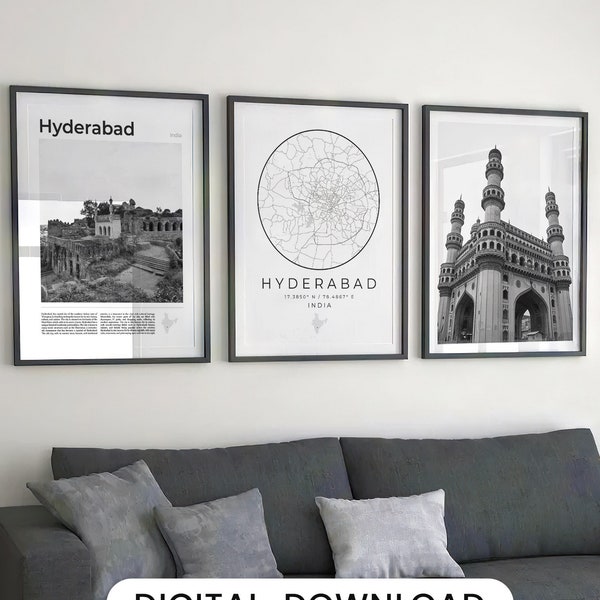 Digital Hyderabad Black and White Print Set Of 3, Hyderabad Map, Hyderabad Art, Hyderabad Poster, Hyderabad Wall Art, India Telangana Photo