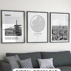 Digital Japan Black and White Print Set Of 3, Japan Map, Japan Poster, Japan Wall Art, Japan Art Decor, Japan Photo, Tokyo Photography, Asia