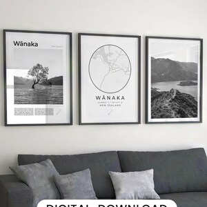 Digitale Wanaka zwart-wit print set van 3, Wanaka kaart, Wanaka boom foto, Lake Wanaka poster, Wanaka fotogalerij Nieuw-Zeeland Oceanië