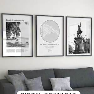 Digital Dominikanische Republik Schwarzweiß-Druck 3er Set, Dominikanische Republik Karte, Dominikanische Republik Poster Wandkunst Dekor, Karibik Foto