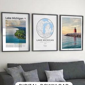 Juego de 3 impresiones digitales del lago Michigan, mapa del lago Michigan para pared, póster fotográfico del lago Michigan, fotografía decorativa del lago Michigan, obras de arte de EE. UU.