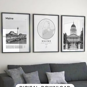 Digital Maine Black and White Print Set Of 3, Maine Map Wall Art, Maine Poster, Maine Art Prints, Maine Wall Art Maine Decor USA Maine Photo