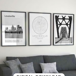 Digitale Louisville zwart-wit print set van 3, kaart van Louisville, Louisville poster kunst aan de muur, Louisville kunst decor cadeau Kentucky USA reizen