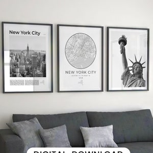 Digital New York City Black and White Print Set Of 3, New York City Map, New York City Wall Art, NYC Poster Decor, USA Travel NYC Art Print